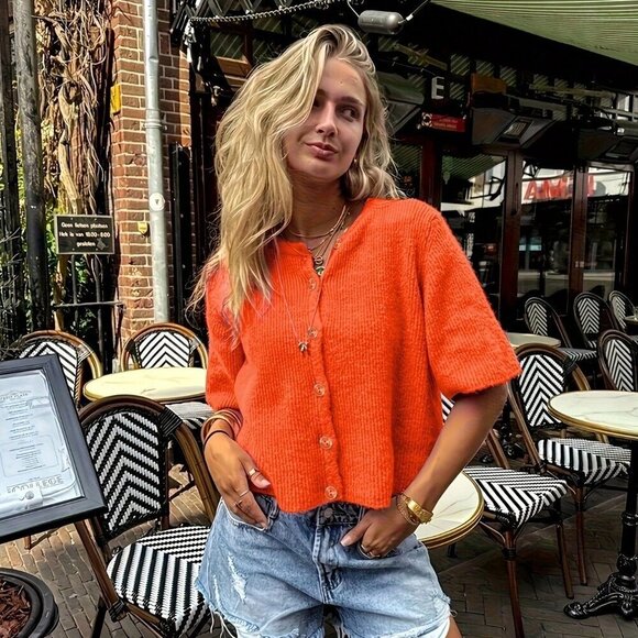 Sweaters - Orange Casual Womens Knitted Front Button short-Sleeved sweater Cardigan